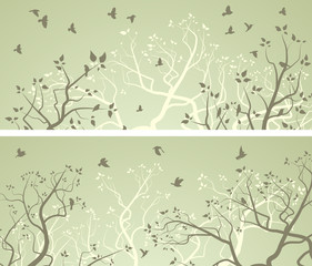 Horizontal wide banners of tree branches and flock of birds.