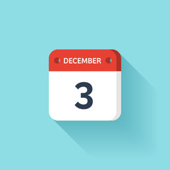 December 3. Isometric Calendar Icon With Shadow.Vector Illustration,Flat Style.Month and Date.Sunday,Monday,Tuesday,Wednesday,Thursday,Friday,Saturday.Week,Weekend,Red Letter Day. Holidays 2017.