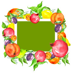 Watercolor, vintage postcard, frame, label, pattern, with an illustration of fruits -  lemon, citrus, pear on the branch, peach, apricot, plum. For the design of cards, invitations, logos