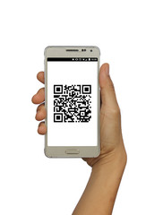 Hand holding mobile smart phone with QR code isolated white back