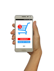 Online shopping with smart phone on isolated white background