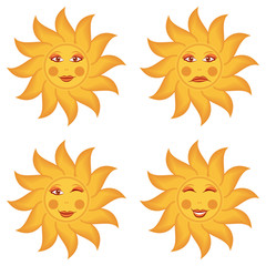 Card with russian symbol of Wild Maslenitsa sun in four emotions isolated on white background. Great Russian holiday Shrovetide. Vector illustration