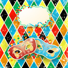 Carnival illustration with masks and label on harlequin background
