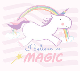 Unicorn children style drawings. Cute baby horse and rainbow. I believe in magic. Baby fashion vector.