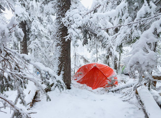 Red tent in winter forest. Tourist camp in snowy . in the snow in