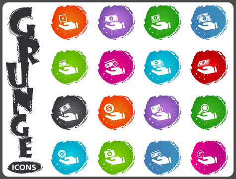 Hand and money icons set in grunge style