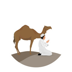man praying and camel with white background