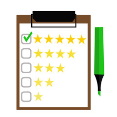 Clipboard with rating stars and felt pen. Quality control, customers reviews, service rating concepts. Top view. Flat design concept for web banners, web sites, infographics.vector illustration.