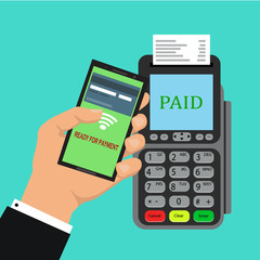 Pos terminal confirms the payment by smartphone. Vector illustration in flat design on blue background. nfc payments concept