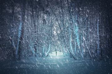 Papier Peint photo Hiver Walking alone in winter forest. One person with backpack going t