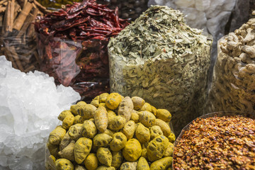 Dried herbs, flowers and arabic spices in the souk at Deira in D