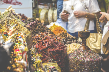 Dried herbs, flowers and arabic spices in the souk at Deira in D