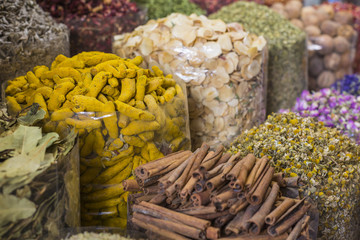 Dried herbs, flowers and arabic spices in the souk at Deira in D