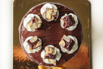 Chocolate cake with fudge sauce.