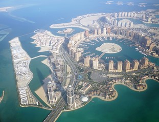 Aerial view of the The Pearl Qatar, a new neighborhood in Doha built on an artificial island 