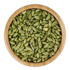Cardamon in wooden bowl isolated on white background with clipping path