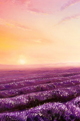 Fototapeta premium magical lavender fields at dawn, oil painting on canvas.