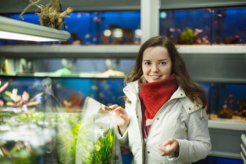 Young woman watching fish in aquarium tank