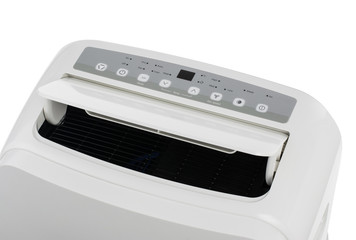 Fototapeta premium Studio closeup product shot of a portable air conditioner or mobile dehumidifier isolated on white background with copy space. Climate control equipment