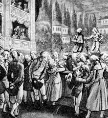Mozart (at center) attending a performance of his opera "Die Entführung aus dem Serail" while visiting Berlin in 1789