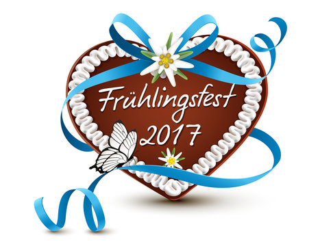 Frühlingsfest 2017 - Lebkuchen Herz mit blauer Schleife, Schmetterling und Zuckerguß Beschriftung
