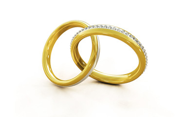 Zwei Ringe aus Gold mit vielen Diamanten - Konzept Hochzeit, Heiraten, Liebe