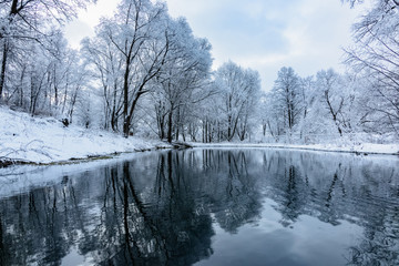 not frozen pond in winter