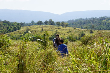 familly walking in the field