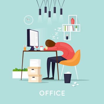 Tired employee sleeping in the office. Flat vector illustration in cartoon style.