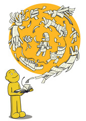 The magic of reading. Vector illustration of a character holding a book as various pages take form of different things above him.