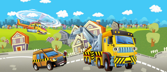 Cartoon tow truck pilot car and helicopter - illustration for children