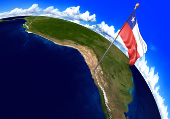 Chile national flag marking the country location on world map. 3D rendering, parts of this image furnished by NASA