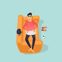 Young man lying on the couch with a laptop, freelance, work at home. Flat vector illustration in cartoon style.