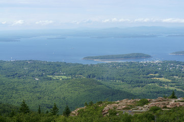 Acadia National Park near town of Bar Harbor, viewed from Cadillac Mountain. State of Maine, USA. Fog