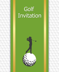 Golf tournament invitation graphic design. Golfer swinging on golf ball. Golf ball pattern texture in background.