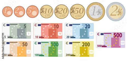 "Euro Währung komplettes Set von Münzen und Scheine" Stockfotos und