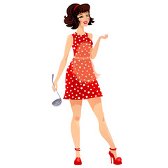 housewife character on red dress on white background