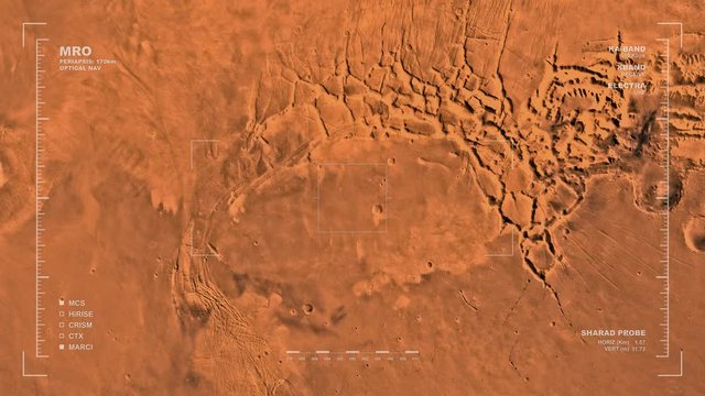 MRO mapping flyover of eastern section of Phoenicis Region, Mars. Clips loops and is reversible. Scientifically accurate HUD. Data: NASA/JPL/USGS