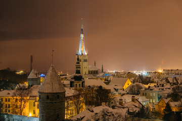 St. Olaf church or Oleviste by snowy evening, Tallinn