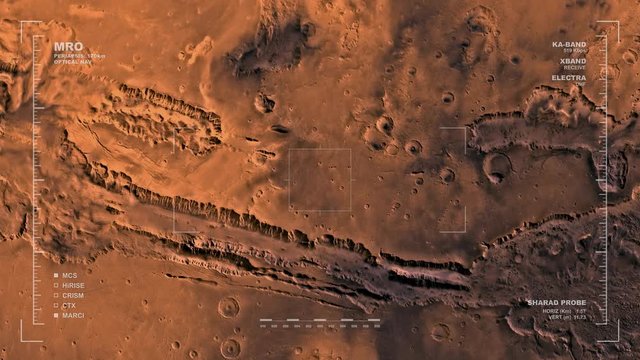 MRO mapping flyover of eastern section of Coprates Region, Mars. Clips loops and is reversible. Scientifically accurate HUD. Data: NASA/JPL/USGS