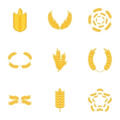 Wheat, rye or barley icons set, cartoon style