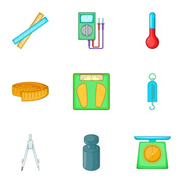Tools for measurement icons set, cartoon style