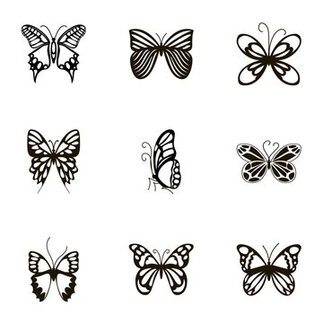 Black beautiful butterflies icons set