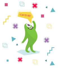 Funny monster waving his hand. Geometric colorful background. Cartoon character .Dialogue cartoon. Vector illustrations. Cheerful toothed monster. Geometric background. The cross, square, dot. - 134351135