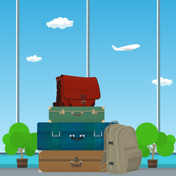 Retro Colored Suitcases and Trolley Suitcase and Travel Bag against the Window in the Waiting Room at the Airport , Luggage Bags for Traveling, Travel and Tourism Concept , Vector Illustration