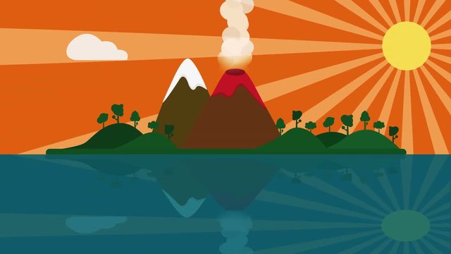 Colorful cartoon small Tropical island with Volcano erupts with columns of smoke in sunset time. vector nature volcano background with space for your text or logo loop. mountains island landscape