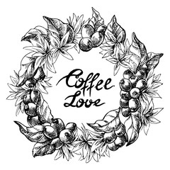 wreath from coffee beans and berry in graphic style