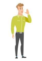 Caucasian businessman calling for help.