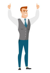 Businessman standing with raised arms up.