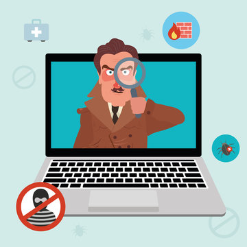 Internet security and spyware warning with detective. Computer attack and virus infection. Vector flat icons and illustrations